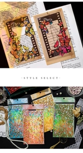 Detail of holographic PET butterfly stickers with premium gold foil for scrapbooking