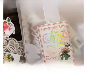 Detailed macro shot of vintage floral journal stickers and gold stamped material paper