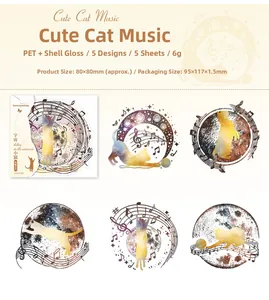 Detail of shell-light PET stickers featuring cat and music notes for journal decoration
