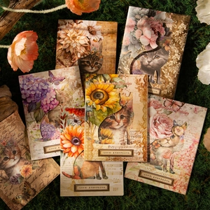 Vintage Garden Cat Ελαφρύ Υλικό Χαρτί Retro Floral Scrapbooking Αυτοκόλλητα για DIY Journal Planner Διακόσμηση Τέχνη