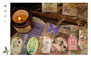Detail of vintage junk journal paper tags with retro butterfly and botanical illustrations
