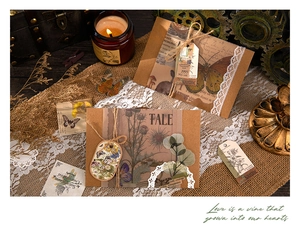 Retro handmade gift packaging kit with vintage stationery, lace, and butterfly stickers