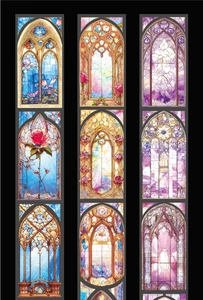 Vue détaillée d'autocollants de vitraux gothiques avec motifs floraux et couleurs vives