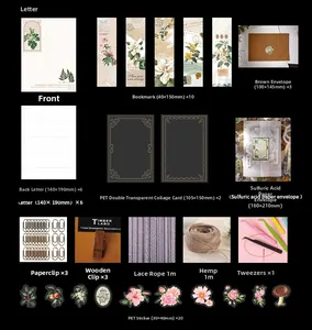 Macro display of vintage floral stationery kit including PET stickers and craft envelopes