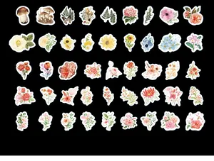 Detailed matrix layout of 90pcs vintage watercolor floral and mushroom stickers