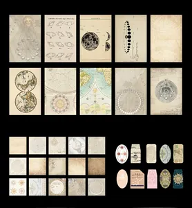 Detail of vintage scrapbooking material kit showing antique moon phase and botanical graphics