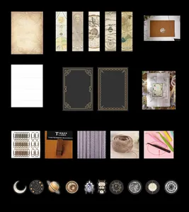 Detailed flat lay of vintage stationery kit with botanical and celestial paper themes
