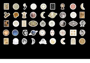 Macro view of 90 vintage astronomical stickers featuring moon phases and planets