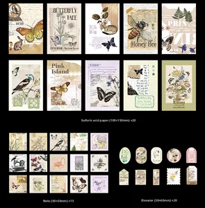 Detailed view of vintage botanical stickers, vellum paper and tags for scrapbooking