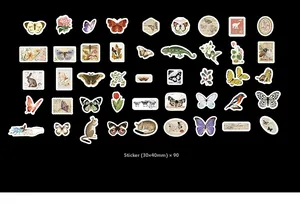 Macro detail of vintage nature stickers featuring butterflies and floral patterns