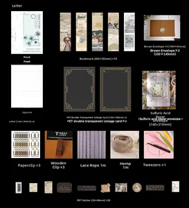 Detailed overview of vintage botanical scrapbooking kit with envelopes and stickers