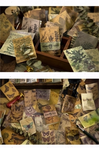 Dettaglio ravvicinato di carta vintage per scrapbooking con motivi botanici e di farfalle