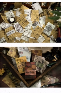 Dettaglio macro di carta decorativa vintage con motivi botanici ed etichette antiche