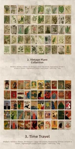 Dettagli dei 100 adesivi in carta vintage con motivi botanici e di vecchi giornali