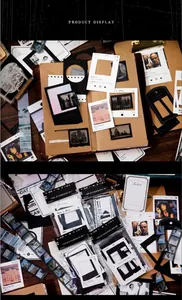 Macro shot of retro film stickers and frames on leather notebook for vintage scrapbooking