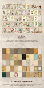 Dettaglio di 100 fogli di carta vintage per scrapbooking con motivi floreali e texture kraft