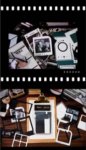 Macro view of vintage film reel stickers and retro paper ephemera for journaling