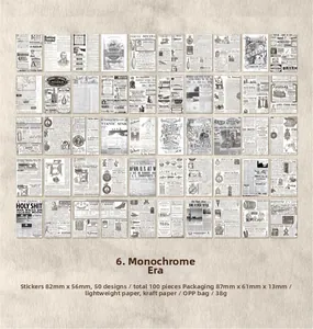Dettaglio di adesivi vintage Monochrome Era con 100 pezzi di motivi retrò di giornali