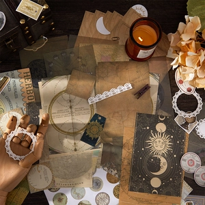 Vintage scrapbooking material kit featuring retro botanical and celestial moon phase stickers