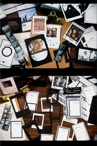 Close-up of vintage film camera stickers and retro paper frames for scrapbooking