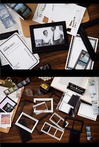 Macro detail of vintage film frame stickers and retro deco assets for DIY scrapbooking