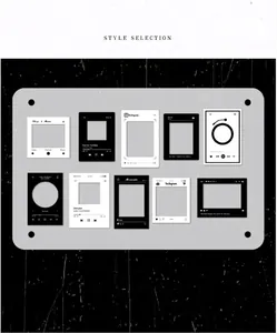 Macro detail of vintage film strip stickers with social media UI and music player designs