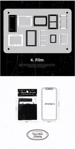 Close-up of retro film scrapbooking stickers with size comparison to smartphone