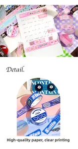 Detail of 15mm washi tape set featuring macaron patterns and vintage blue typography