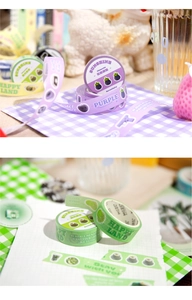 Detail of Twilight Washi Tape with purple mangosteen and green lime fruit patterns for DIY