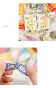DIY scrapbook set with cartoon stickers and paper tape in colorful fantasy patterns