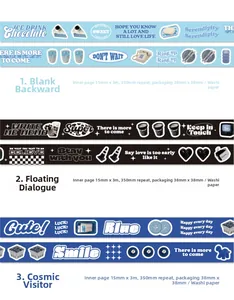 Detailed view of Twilight fantasy washi tape rolls with blue and black patterns