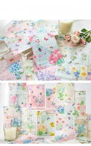 Detailed view of floral and butterfly scrapbooking paper with watercolor lace patterns