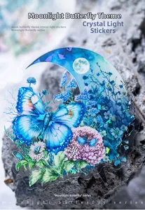 Macro detail of moon and butterfly PET sticker with sparkling crystal light effect