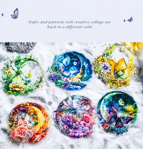 Detailed macro view of moon and butterfly decorative stickers with floral and insect motifs
