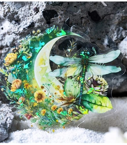 Makro-Detail von schillernden Mond- und Libellen-Stickern auf Naturstein