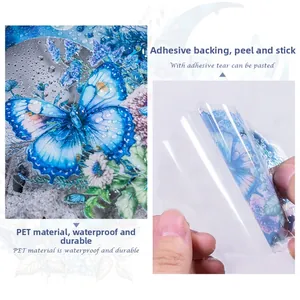Detail of waterproof PET moon butterfly stickers showing transparent adhesive backing