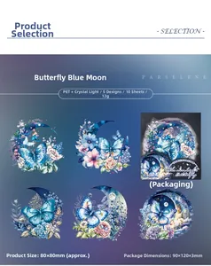 Macro shot of PET butterfly and moon stickers with crystal glossy finish detail