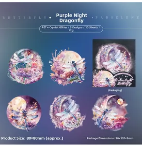 Detailed macro view of purple dragonfly PET stickers with sparkling crystal finish