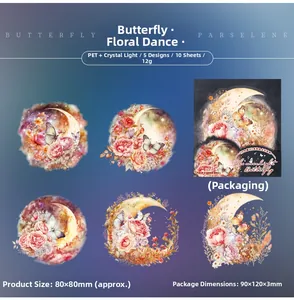 Detail view of PET moon and butterfly stickers with crystal light effect and floral motifs