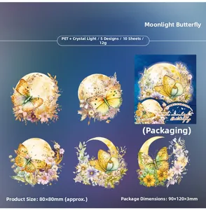 Macro detail of PET butterfly stickers with glitter finish and moonlight floral designs