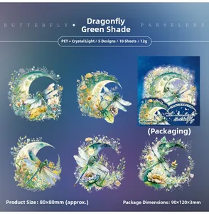 Detail of PET stickers featuring moon and dragonfly motifs with sparkling crystal finish