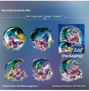 Macro shot of PET stickers with crystal light effect featuring moon and butterfly designs