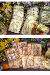 Close-up of vintage floral scrapbooking cards with textured paper and antique patterns