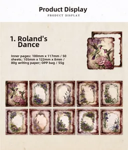 Detail view of 50 vintage floral scrapbooking papers featuring botanical and bird designs