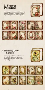 Close-up of vintage floral scrapbooking paper with 50 sheets of retro botanical designs