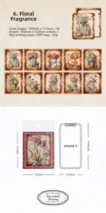 Detail view of vintage floral scrapbooking paper sheets with 105x122mm size specs