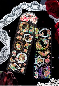 Détail d'autocollants PET Lace Rose avec reflets holographiques et dorure à l'or fin