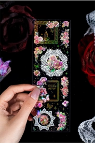 Détails d'autocollants PET fleurs vintage avec dorure à l'or, dentelle et motifs de roses