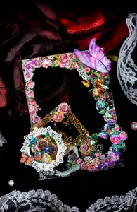 Détail d'autocollants PET floraux irisés vintage avec dorure et dentelle sur fond noir