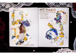 Détail d'autocollants vintage en PET avec dorure, motifs fleurs et papillons pour scrapbooking